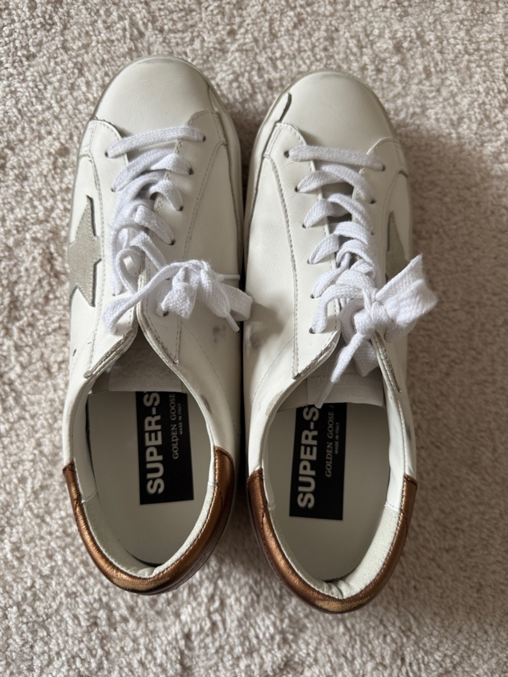 White Low-Top Leather Sneakers with Tan Heel - Picture 2 of 5